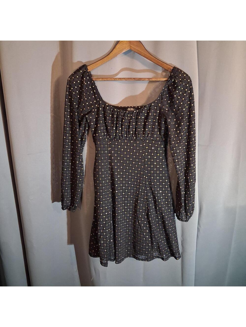 Black Sheer Long Sleeve Dress with Gold Dot Pattern